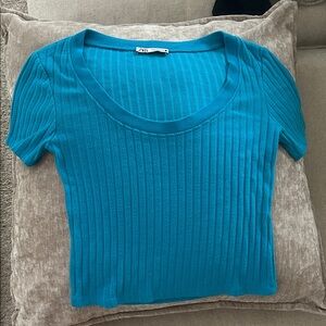 Zara Teal Ribbed Scoop Neck Short Sleeve Top